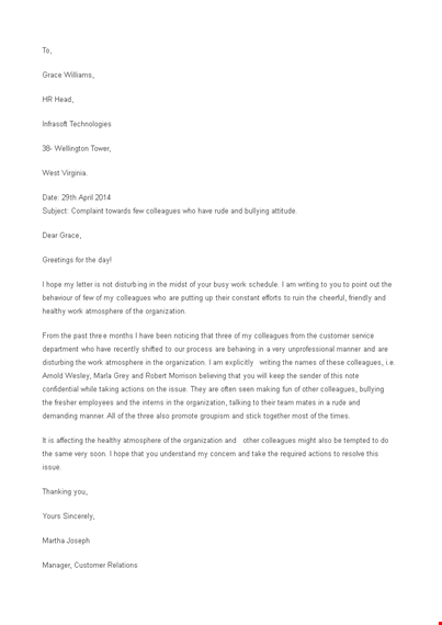 employee complaint letter to hr template