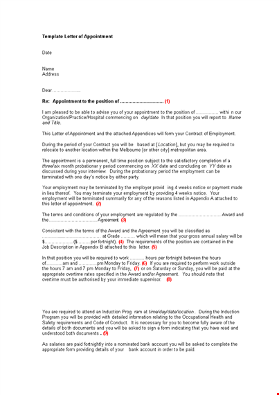 standard letter of appointment format template