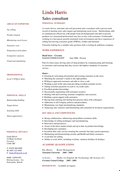 sales consultant experience resume template
