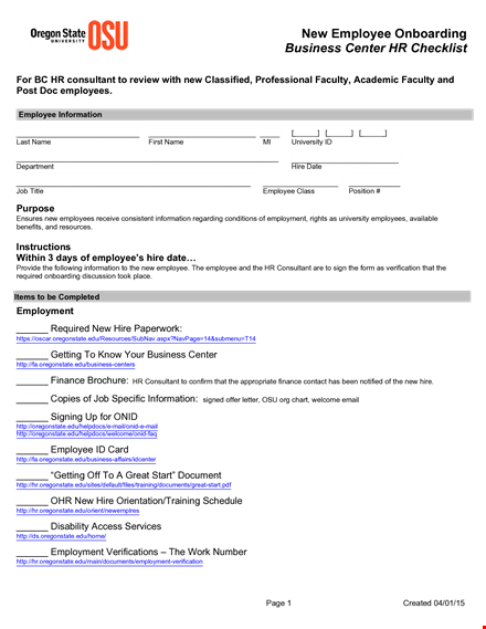 new employee onboarding checklist for business center hr at oregon state template