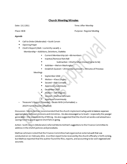 pending approval: church meeting on committee, ministry, and motion template