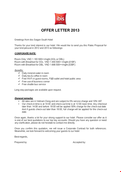 hotel offer letter format template