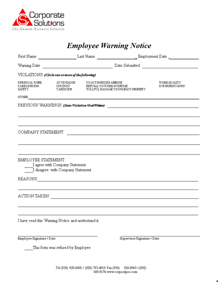 employee warning notice - corrective action for employee | company template