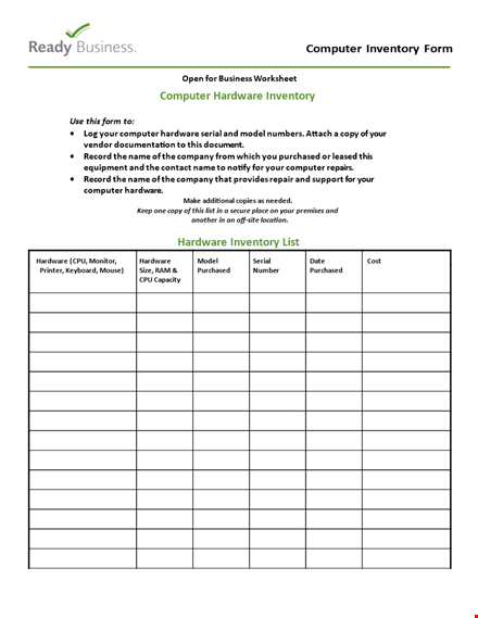 computer hardware: inventory, purchased computer hardware & more template