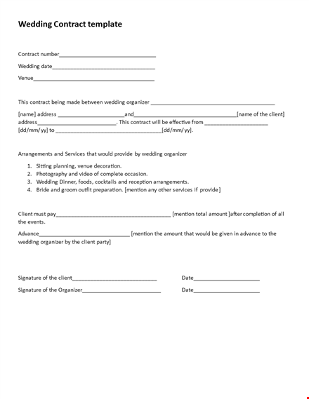 marriage contract template | essential document for wedding clients & organizers template