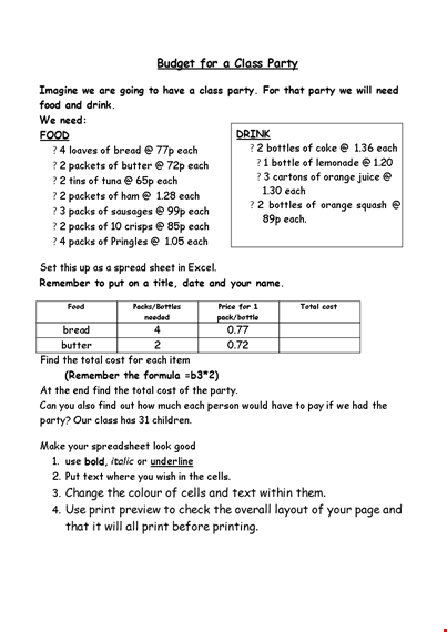 class party budget template template