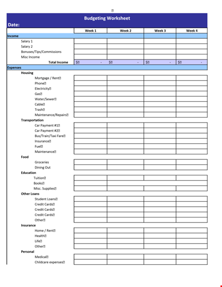 example budgeting worksheet template