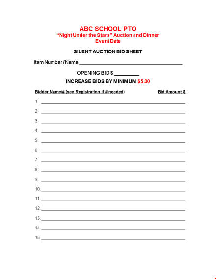 silent auction bid sheet | school fundraising auctions template
