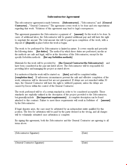 subcontractor agreement: essential contract for contractors and subcontractors template