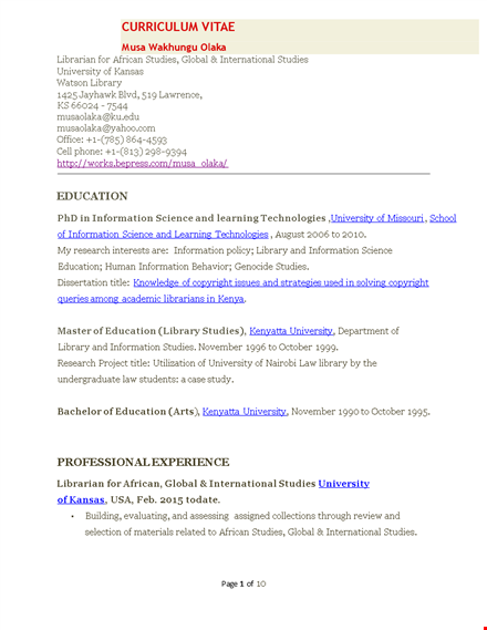 experienced librarian cv template