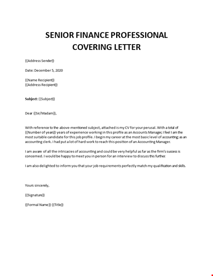 senior finance professional covering letter template