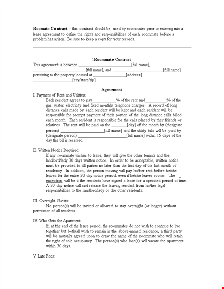 landlord roommate contract template