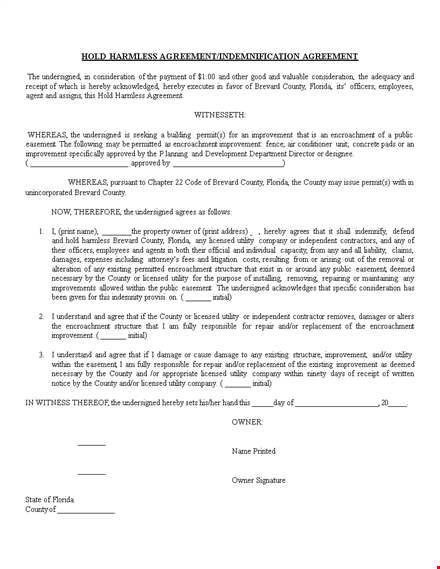 hold harmless agreement template for improvement, undersigned utility, county encroachment | sample template