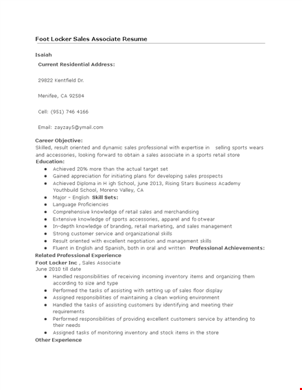 professional sales associate resume - sales, tasks, responsibilities, performed, handled template