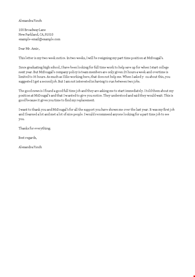 simple part time job resignation letter template template