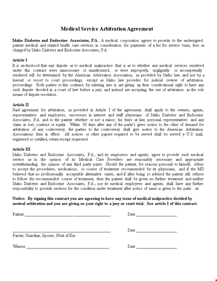 medical arbitration agreement template for patient with diabetes in idaho | arbitration solutions template