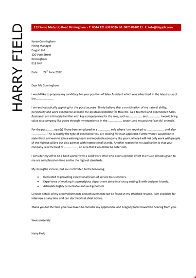 sales assistant cover letter example - boost your job application with a persuasive letter | dayjob template