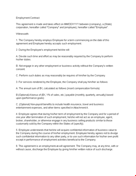 employment contract template | company & employee agreement template