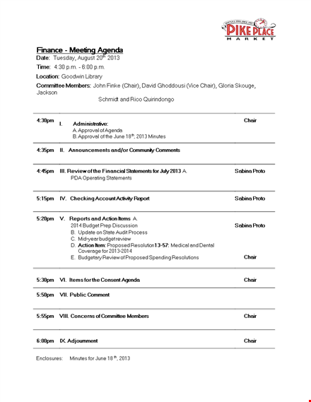 proposed financial review agenda - chair's review & agenda template