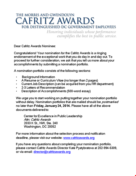 congratulations letter for cafritz awards nominee - customize your message with ease template