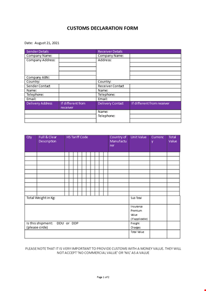 customs declaration form template