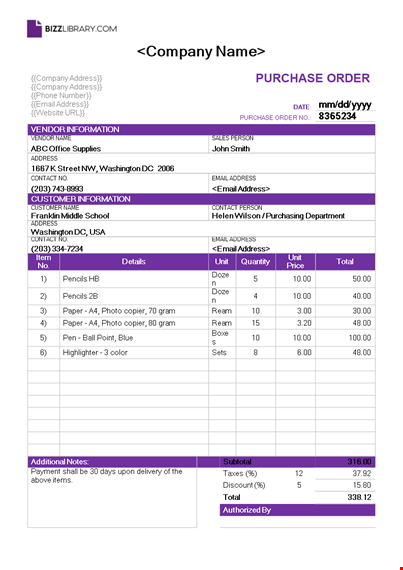 purchase order template template