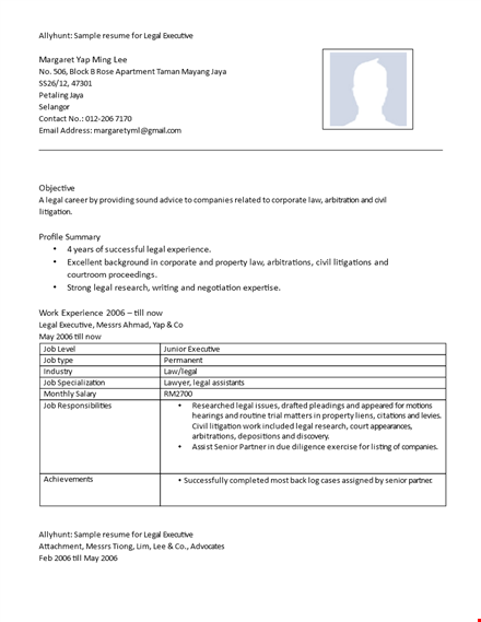 executive resume template for legal assistants in litigation template