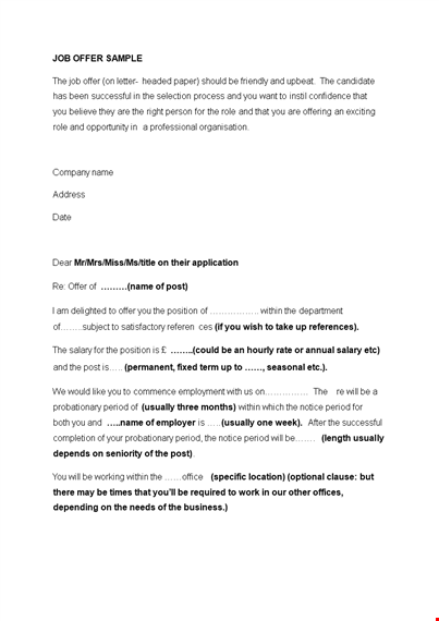 customer service offer letter template template