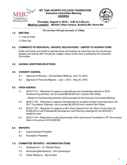 executive committee meeting agenda - foundation board | effective meeting planning and coordination template