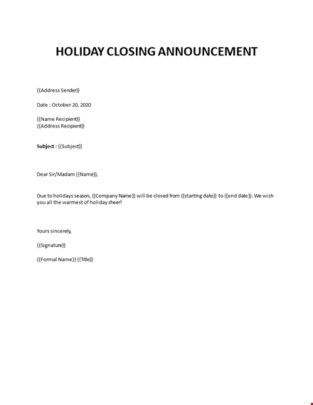 holiday closing announcement to customers template