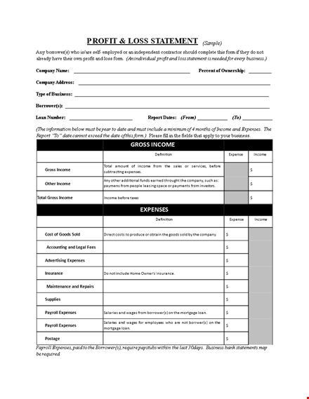 small business profit and loss statement form | track company expenses, borrower income template