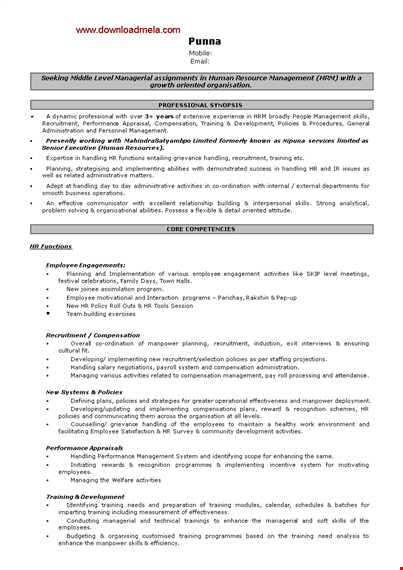 human resource management sample resume template