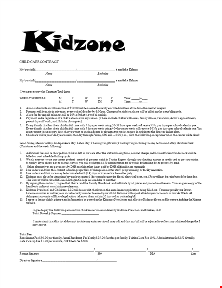 childcare contract template for kidzone | free daycare contract template