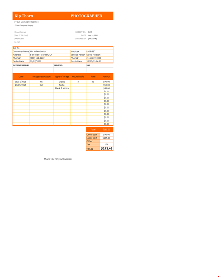 photography receipt in exel template