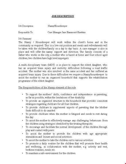 nanny housekeeper job description template