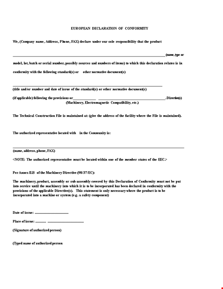 machinery certificate of conformance - declaration of conformity template