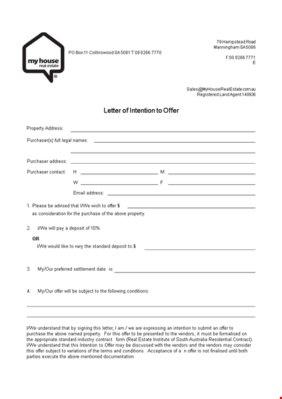 real estate offer letter format: property, offer, conditions, intention template