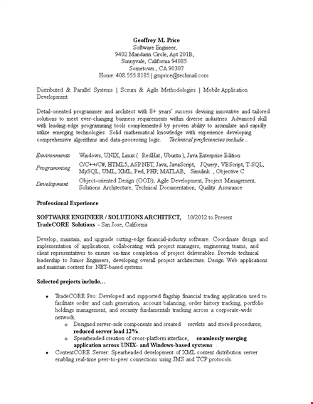 sample software engineering resume template