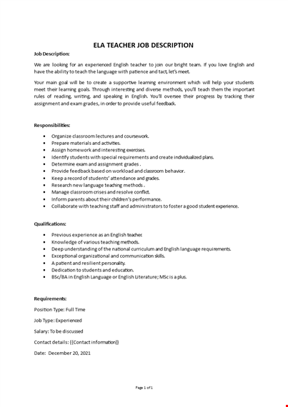 ela teacher job description template