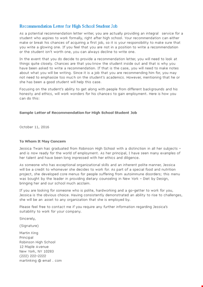 letter of recommendation for high school student for a job template