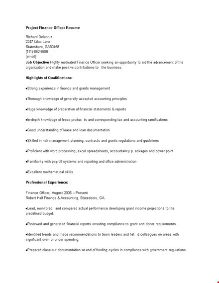 project finance officer resume template
