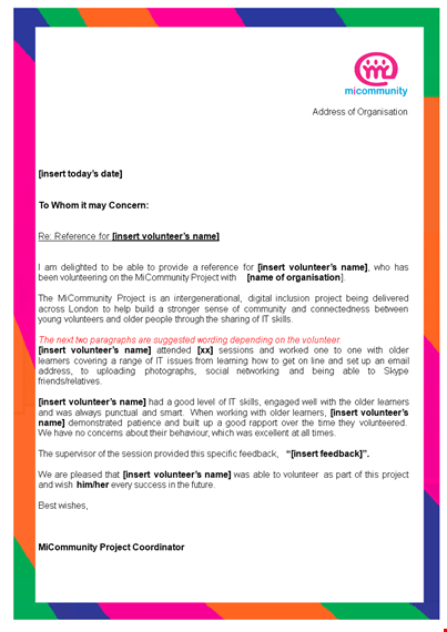 volunteer work reference letter template template
