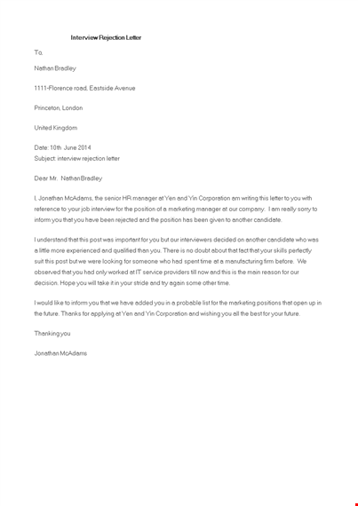 interview rejection letter template