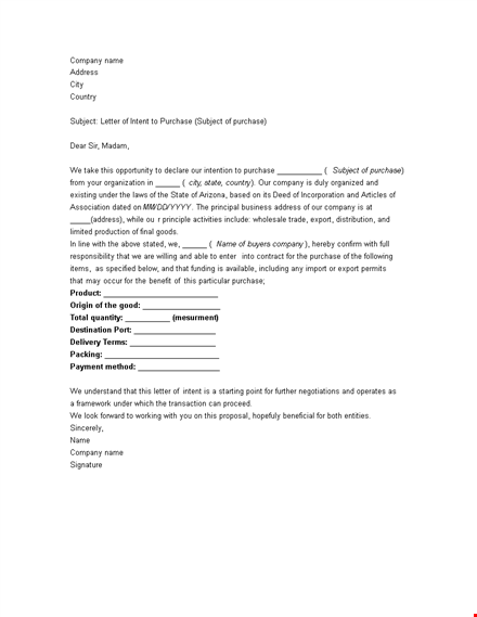 formal letter of intent format template