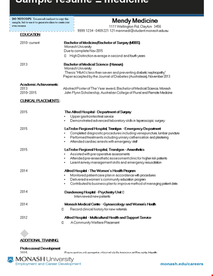 resume format for doctors: hospital, medical, current | monash, alfred | pdf template