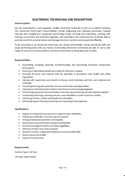 electronic technician job description template