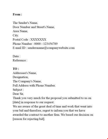 contractor bid rejection letter template