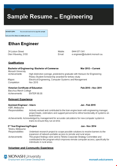 sample engineering student resume format | project, engineering skills | monash template