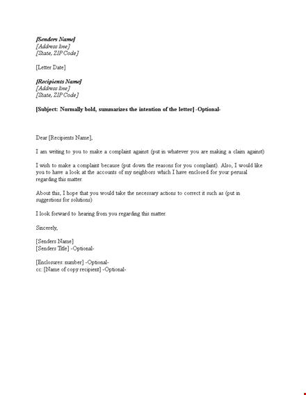 landlord tenant complaint letter template
