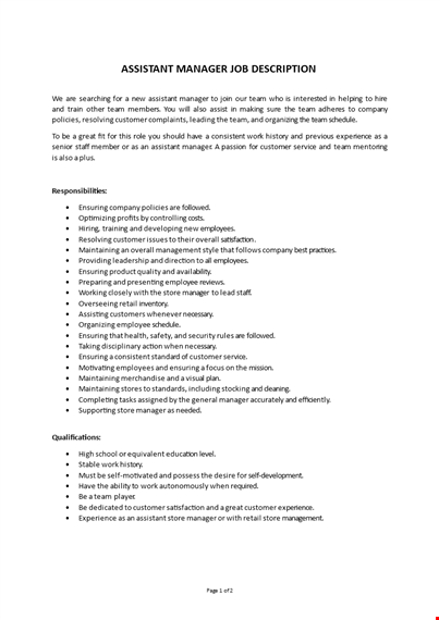 assistant manager job description template